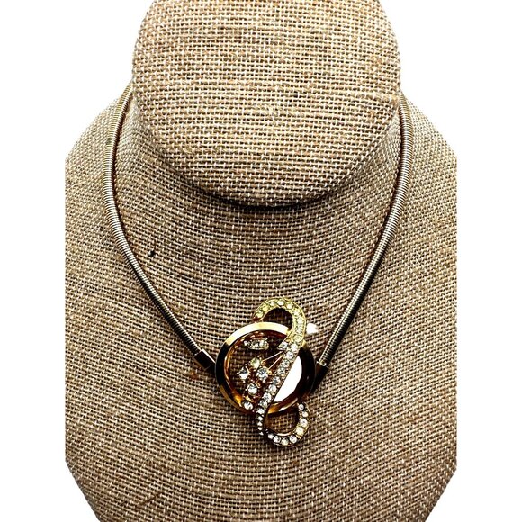 Vintage Swirl Rhinestone Choker Necklace Snake Chain Gold Tone Unsigned - Picture 8 of 9